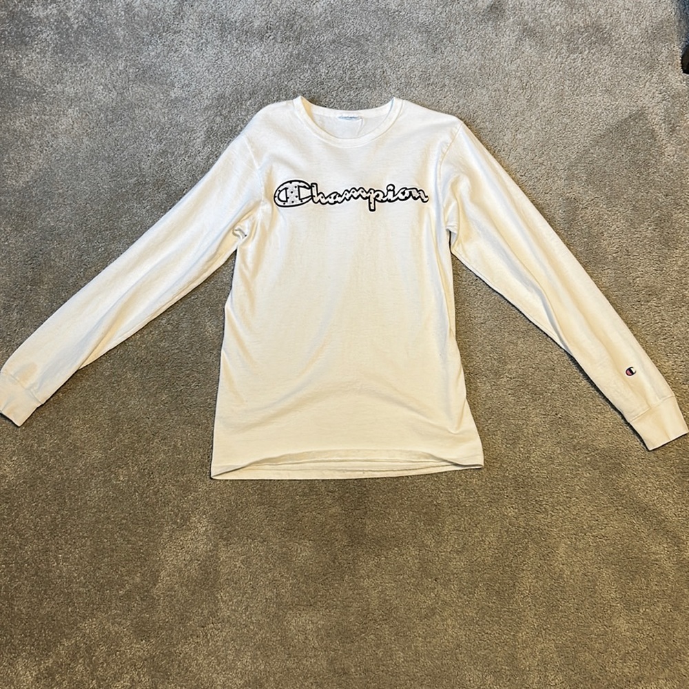 White Long Sleeve Champion T Shirt Size Youth Large Lightly Worn
